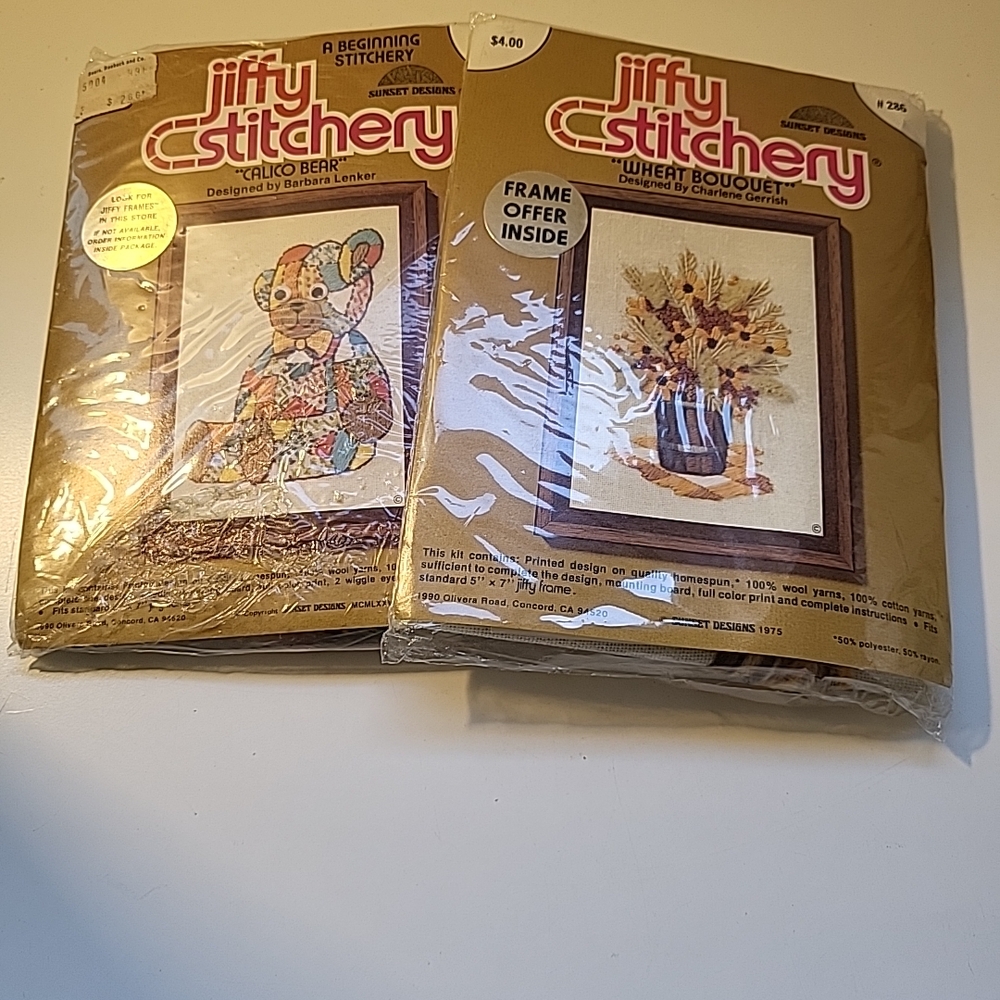 Vintage 1970s Jiffy Stitchery Kits - Calico Bear and Wheat Bouquet